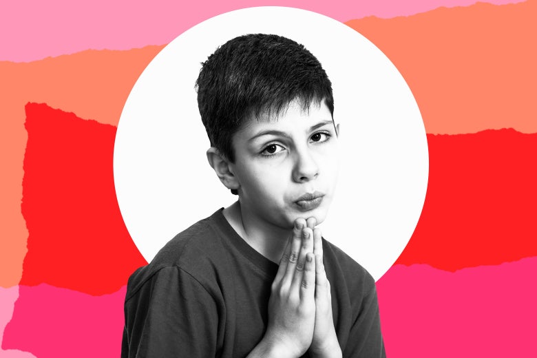 Photo illustration: A child with hands in the prayer position praying for a play date. Please, Mom?